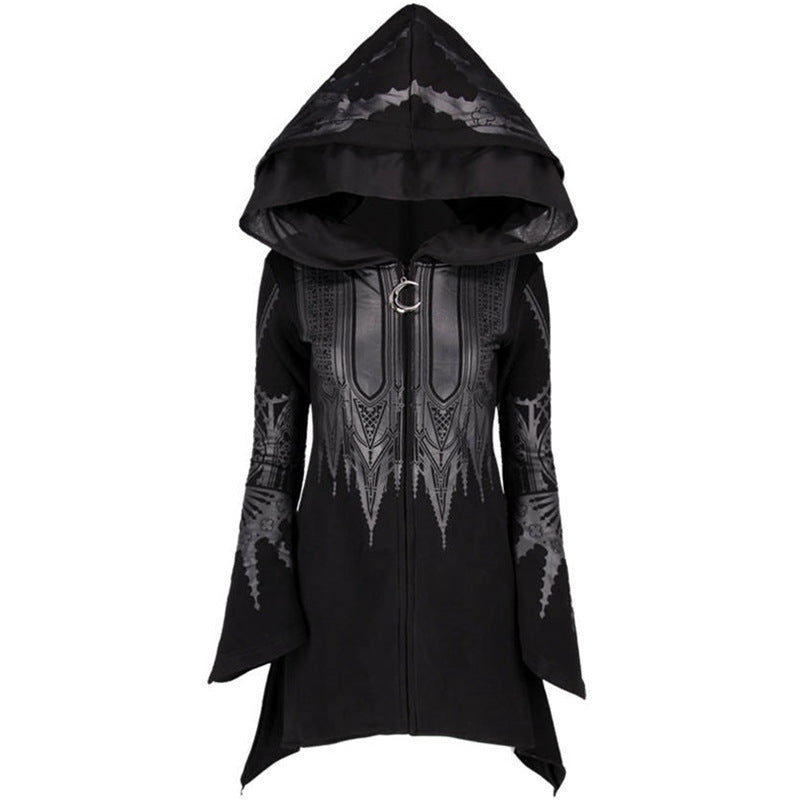 Hoodie Women's Black Long Hooded Printed Sweater