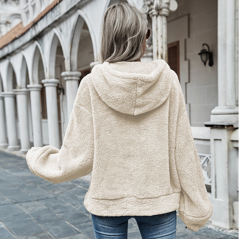 Hooded Solid Color Plush Loose Sweater