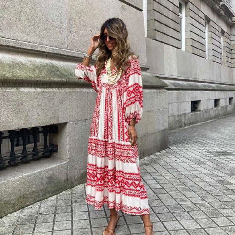 Dress Elegant Ladies Casual Loose V-Neck Short Sleeve Long Dresses - Totta Fashion 