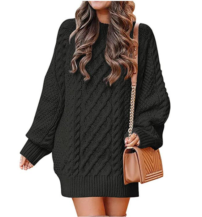 Women's Round Neck Long Sleeve  Mid-length Dress Sweater