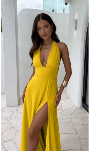 Sexy V-neck Slit Dress Backless Strappy Skirt Fashion Clothing for Women - Totta Fashion 