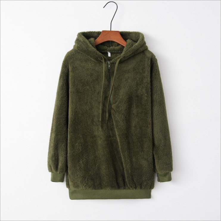 Long-sleeved hooded solid-color sweater