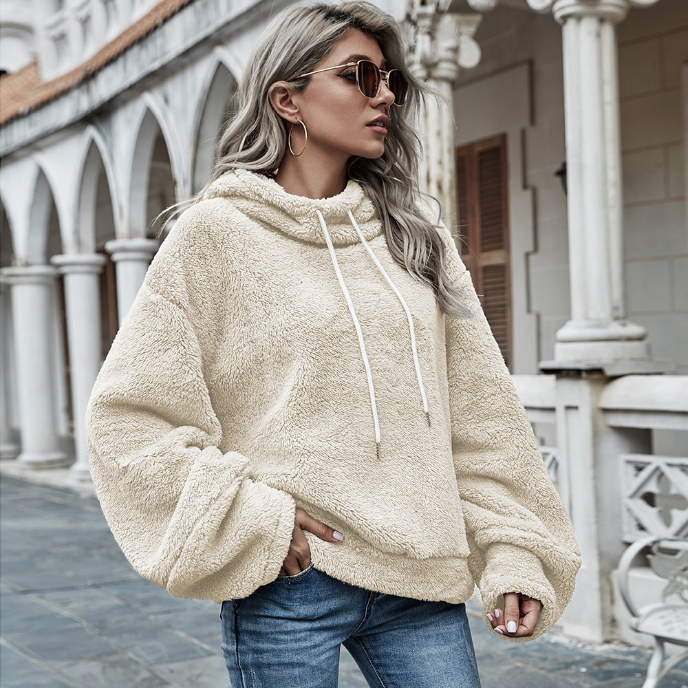 Hooded Solid Color Plush Loose Sweater